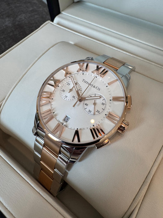Tiffany & Co Atlas Chronograph Watch | Rose Gold and Steel | 42mm Auto