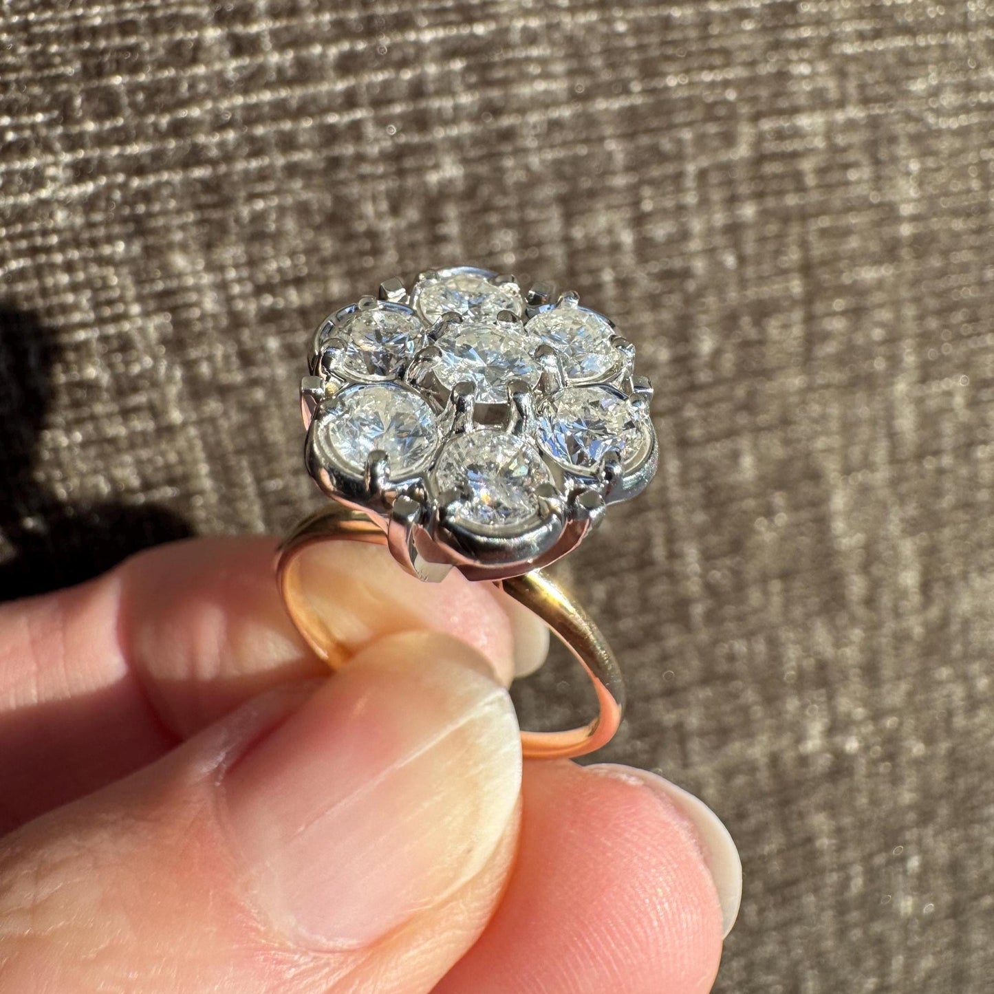 Vintage 14k Gold Diamond Floral Cluster Ring, 2ct Estate Jewelry