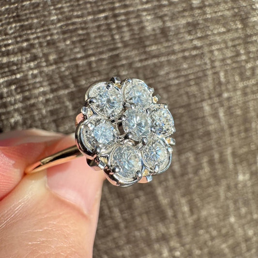 Vintage 14k Two-Tone Gold Diamond Cluster Ring | 2ct Floral Statement Ring | Near Colorless Diamonds | Estate Fine Jewelry