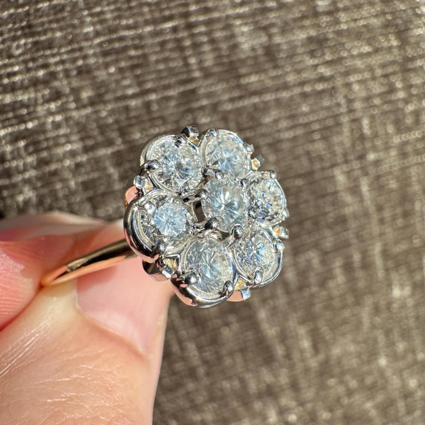 Vintage 14k Gold Diamond Floral Cluster Ring, 2ct Estate Jewelry