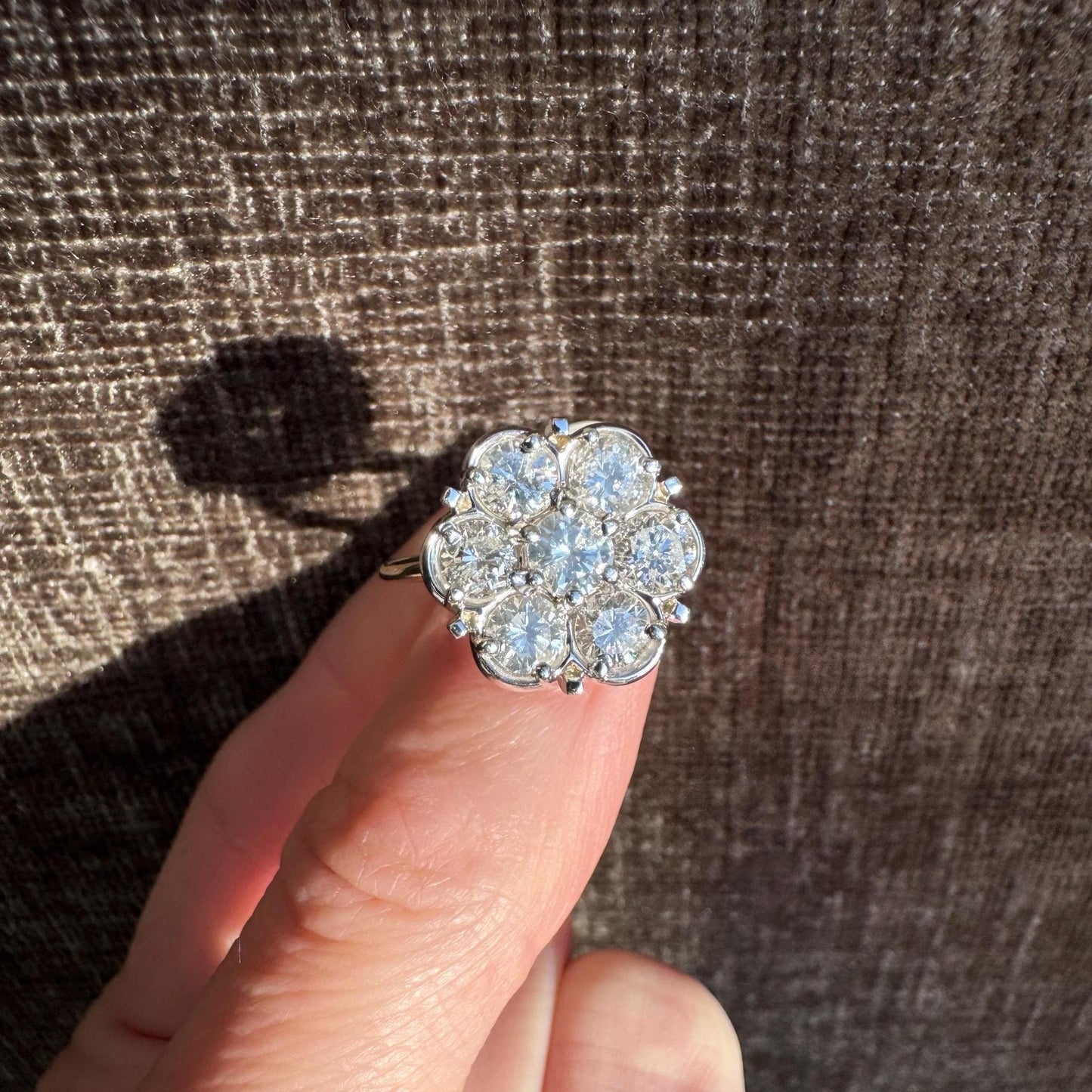 Vintage 14k Gold Diamond Floral Cluster Ring, 2ct Estate Jewelry