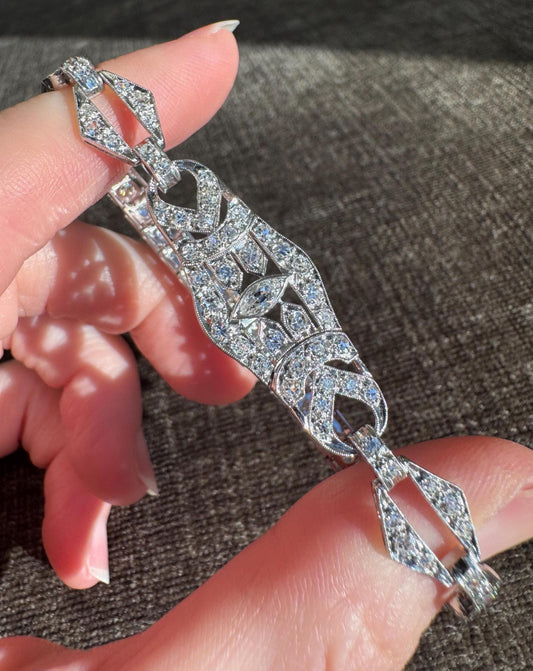 Vintage Platinum Art Deco Diamond Bracelet | 1.86 CTW Natural Diamonds | 1930s | Estate Fine Jewelry