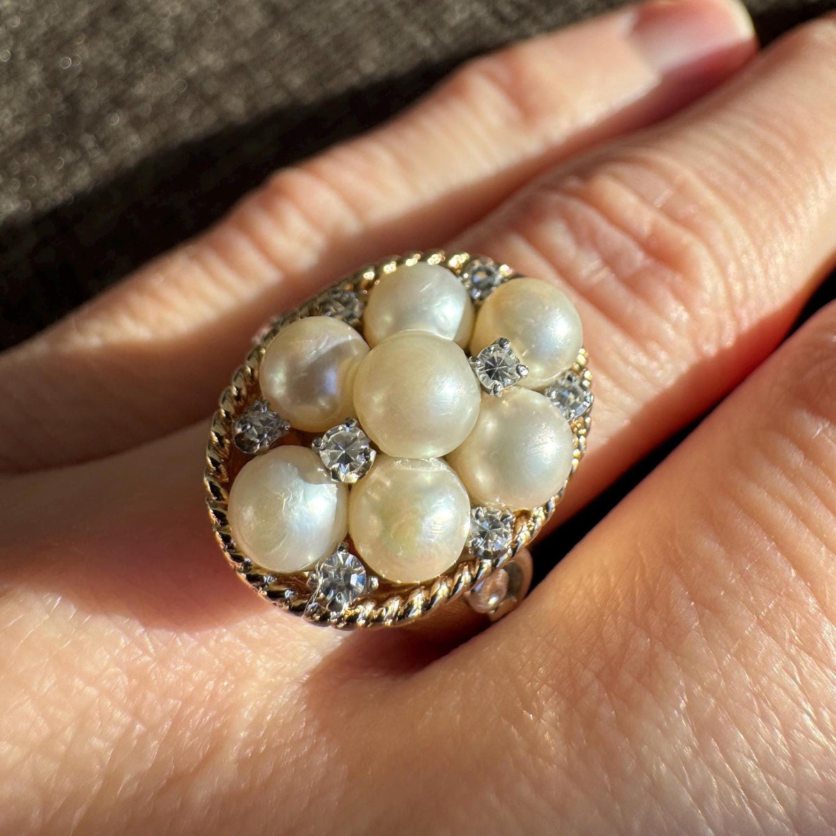 14k Solid Victorian Gold Pearl & Diamond Cocktail Ring