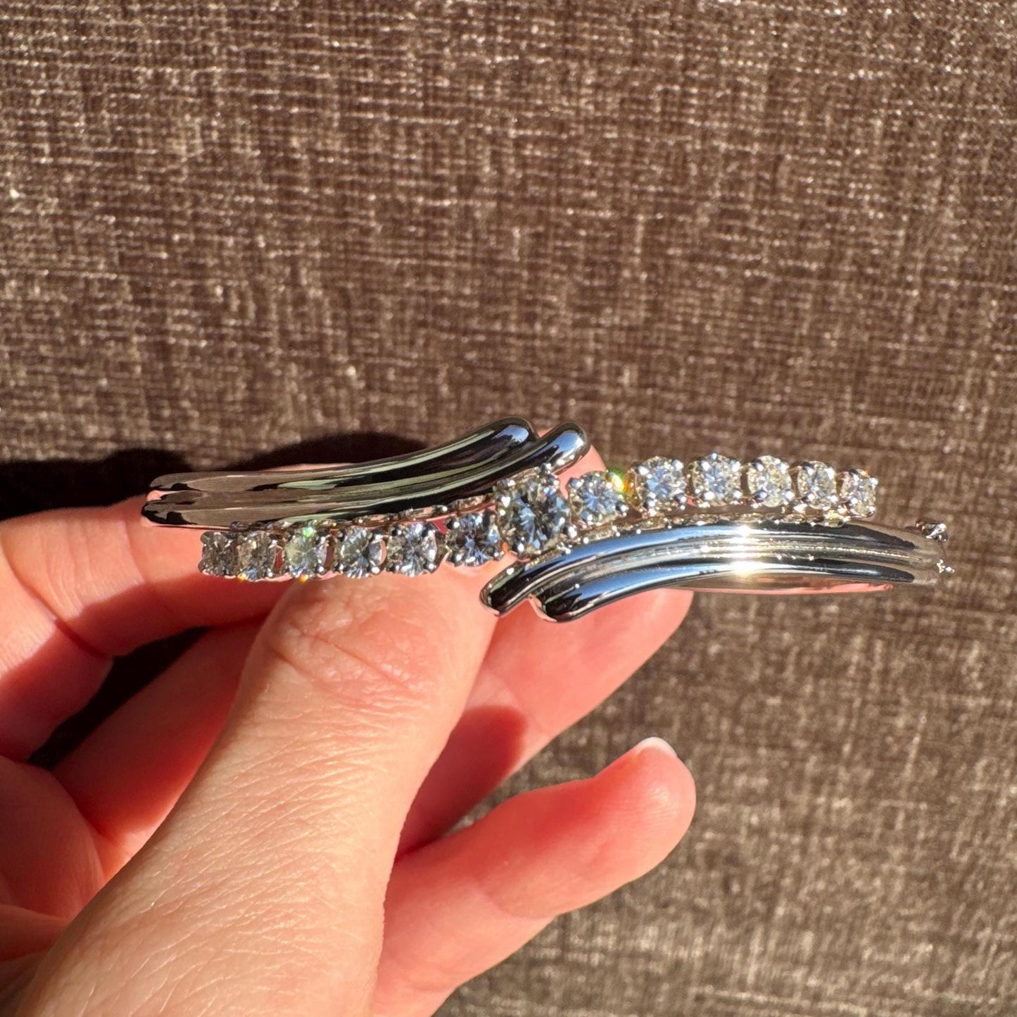14k Solid White Gold Diamond Bypass Bangle Bracelet | 2.00 ctw | 18.3g | Mid-Century Estate