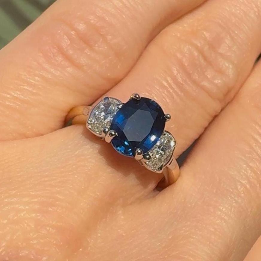 Vintage Three-Stone Sapphire and Diamond Ring – 14k Gold, Size 6