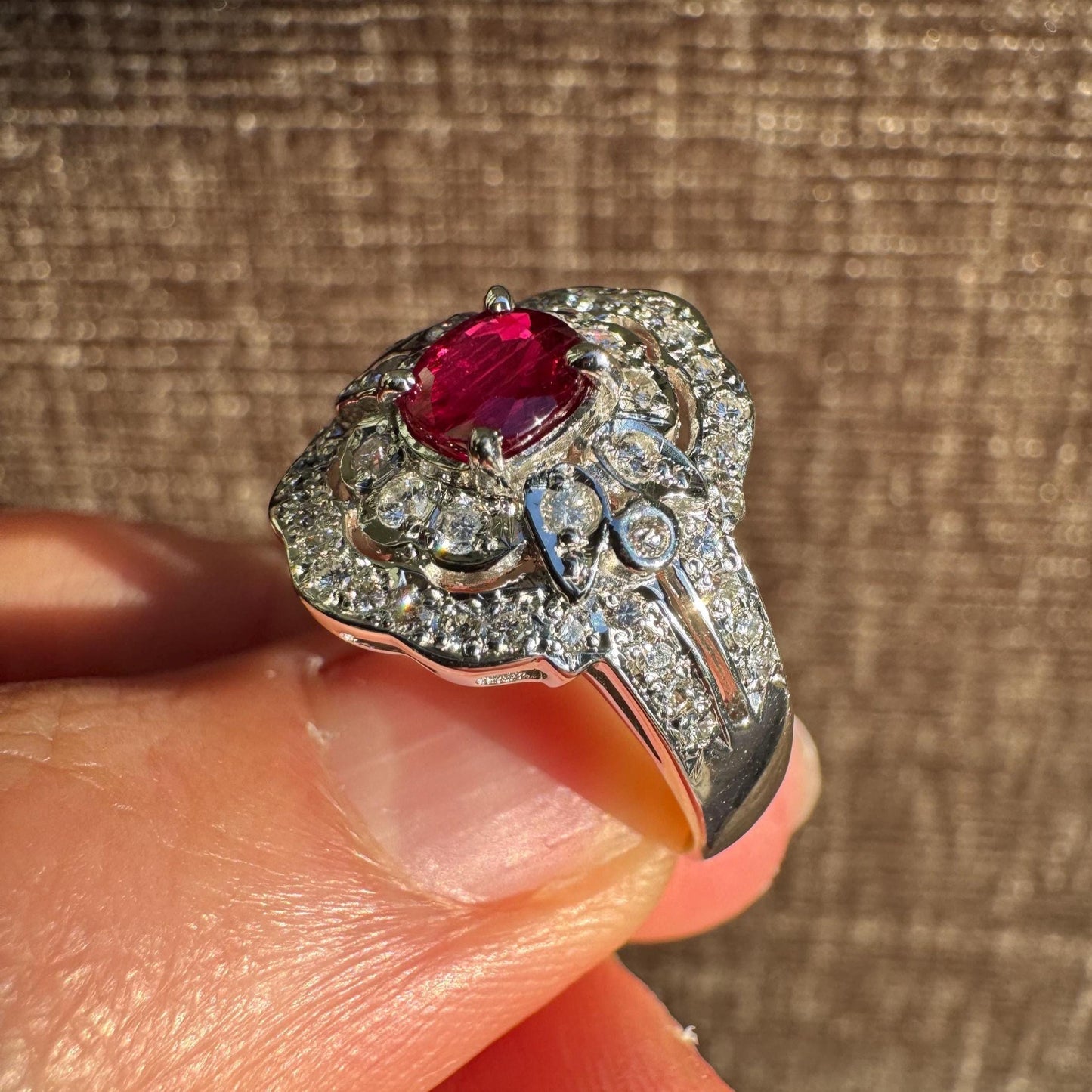 Certified Ruby & Diamond Ring – Art Deco Style – Size 7