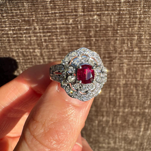 Certified Ruby & Diamond Ring – Art Deco Style – Size 7