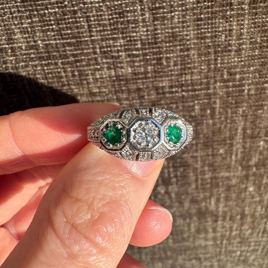 Art Deco Inspired Emerald & Diamond Ring in 14k White Gold – Size 7.5