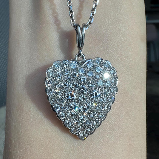 Vintage Platinum Diamond Heart Pendant Necklace | 4.5ctw VVS D-F Diamonds | PT850 Chain | 1980s-1990s Estate Jewelry