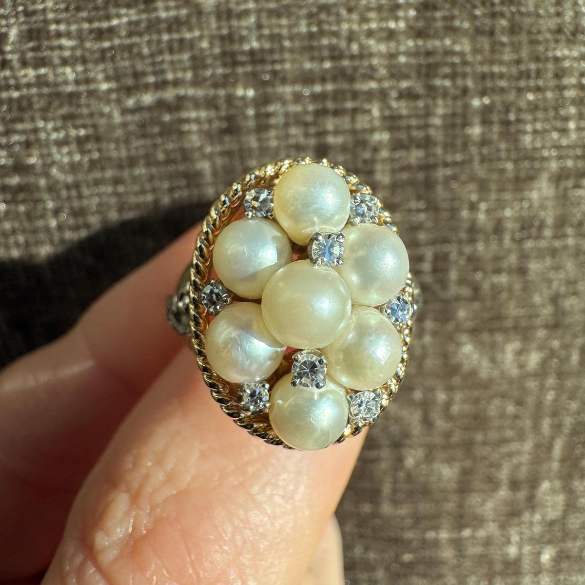 14k Solid Victorian Gold Pearl & Diamond Cocktail Ring