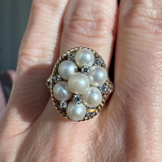 Vintage 14k Gold Pearl & Diamond Cocktail Ring | Mid Century Statement Ring