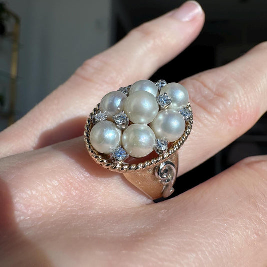 Vintage 14k Gold Pearl & Diamond Cocktail Ring | Mid Century Statement Ring
