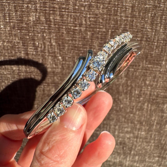 14k Solid White Gold Diamond Bypass Bangle Bracelet | 2.00 ctw | 18.3g | Mid-Century Estate