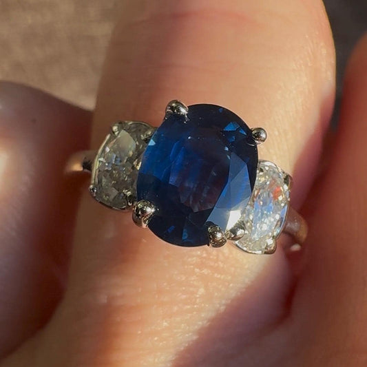 Vintage Three-Stone Sapphire and Diamond Ring – 14k Gold, Size 6