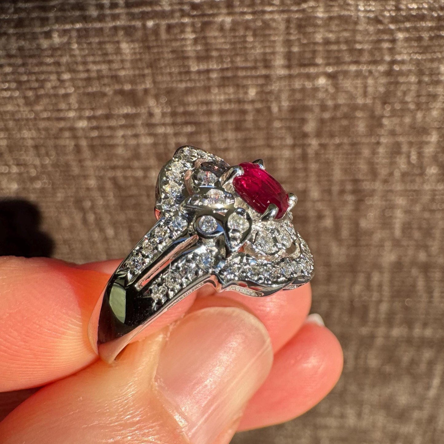 Certified Ruby & Diamond Ring – Art Deco Style – Size 7