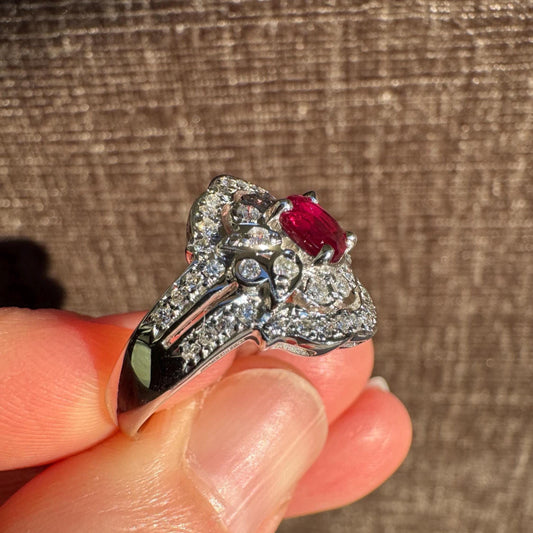 Certified Ruby & Diamond Ring – Art Deco Style – Size 7
