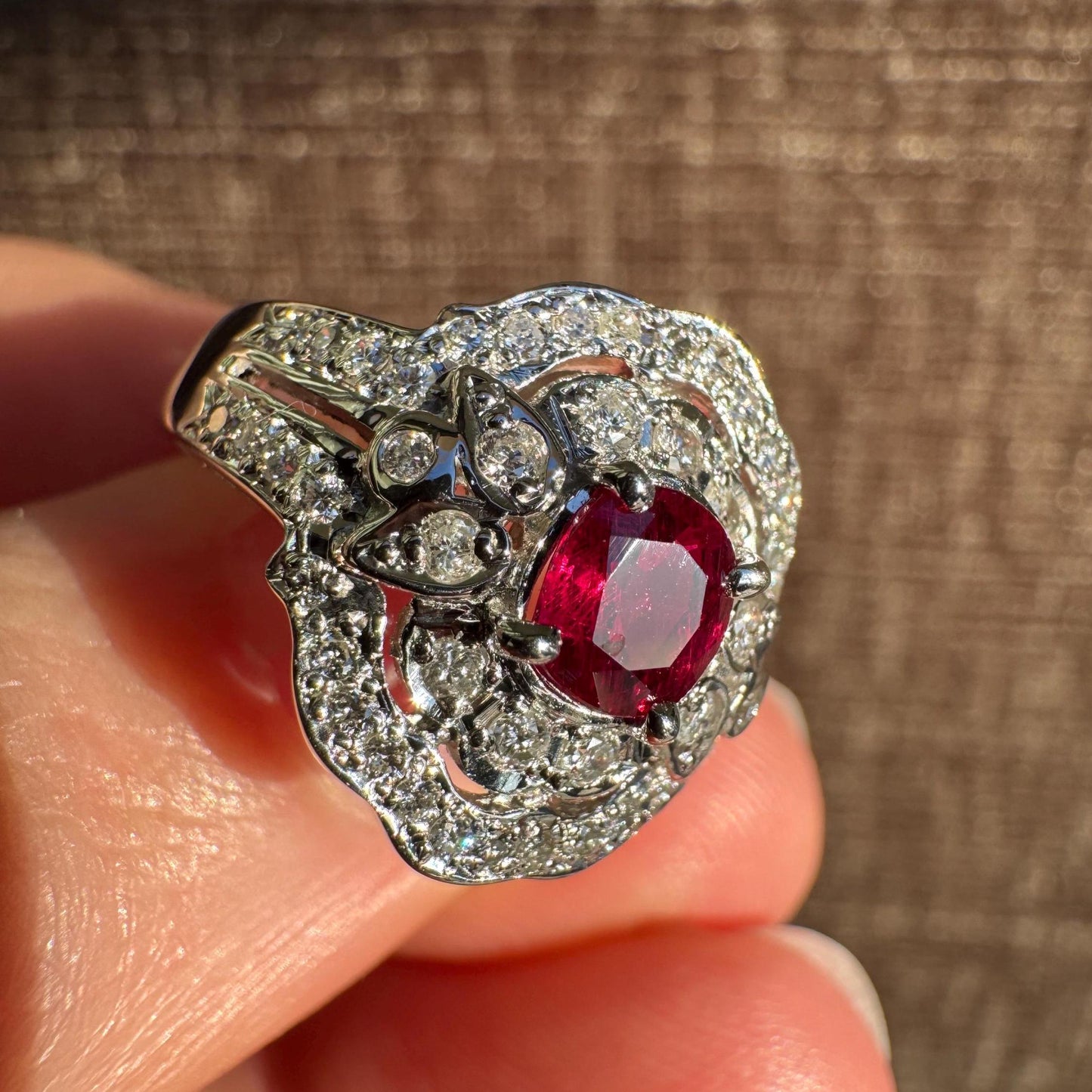 Certified Ruby & Diamond Ring – Art Deco Style – Size 7