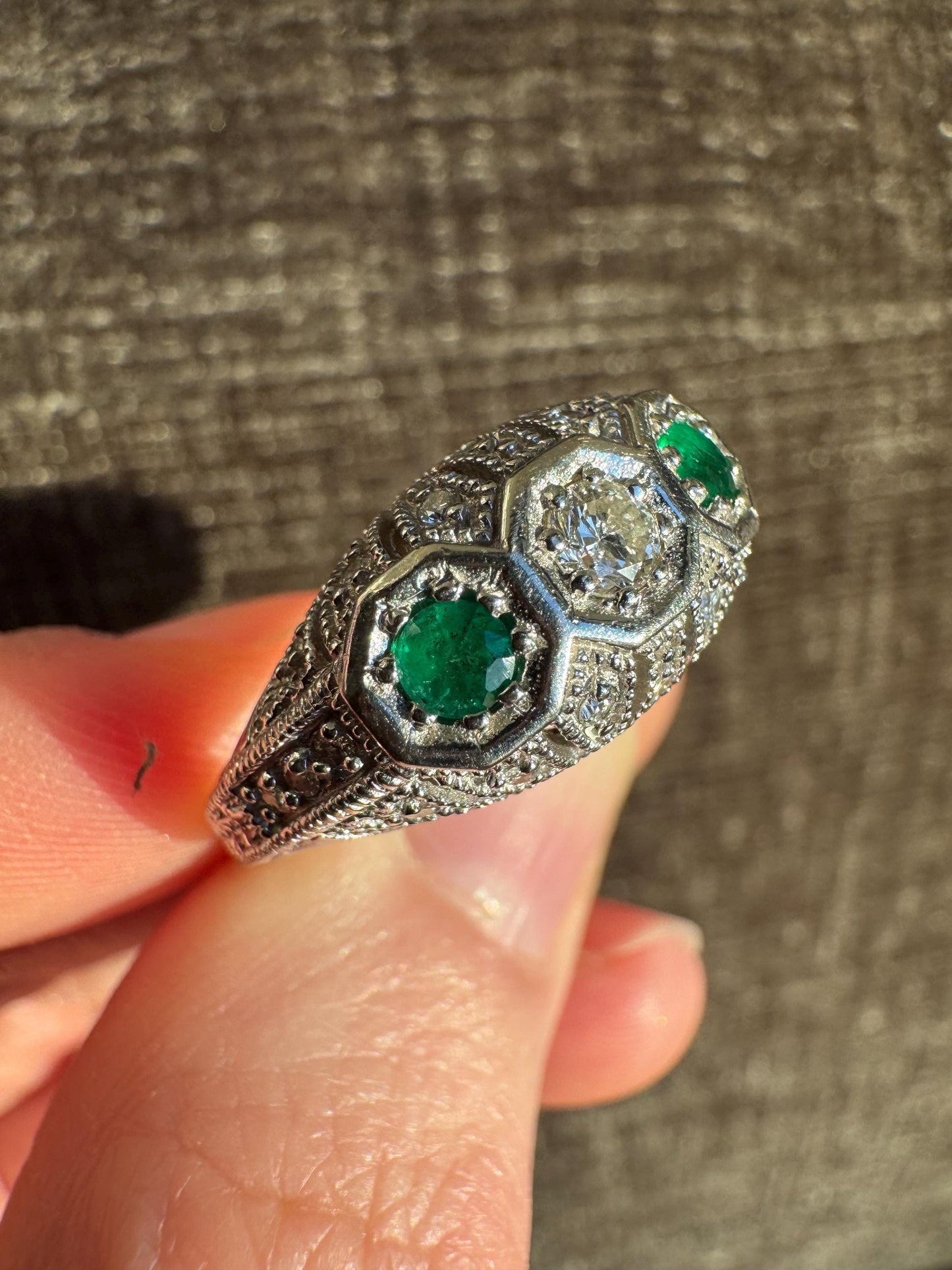 Art Deco Inspired Emerald & Diamond Ring in 14k White Gold – Size 7.5