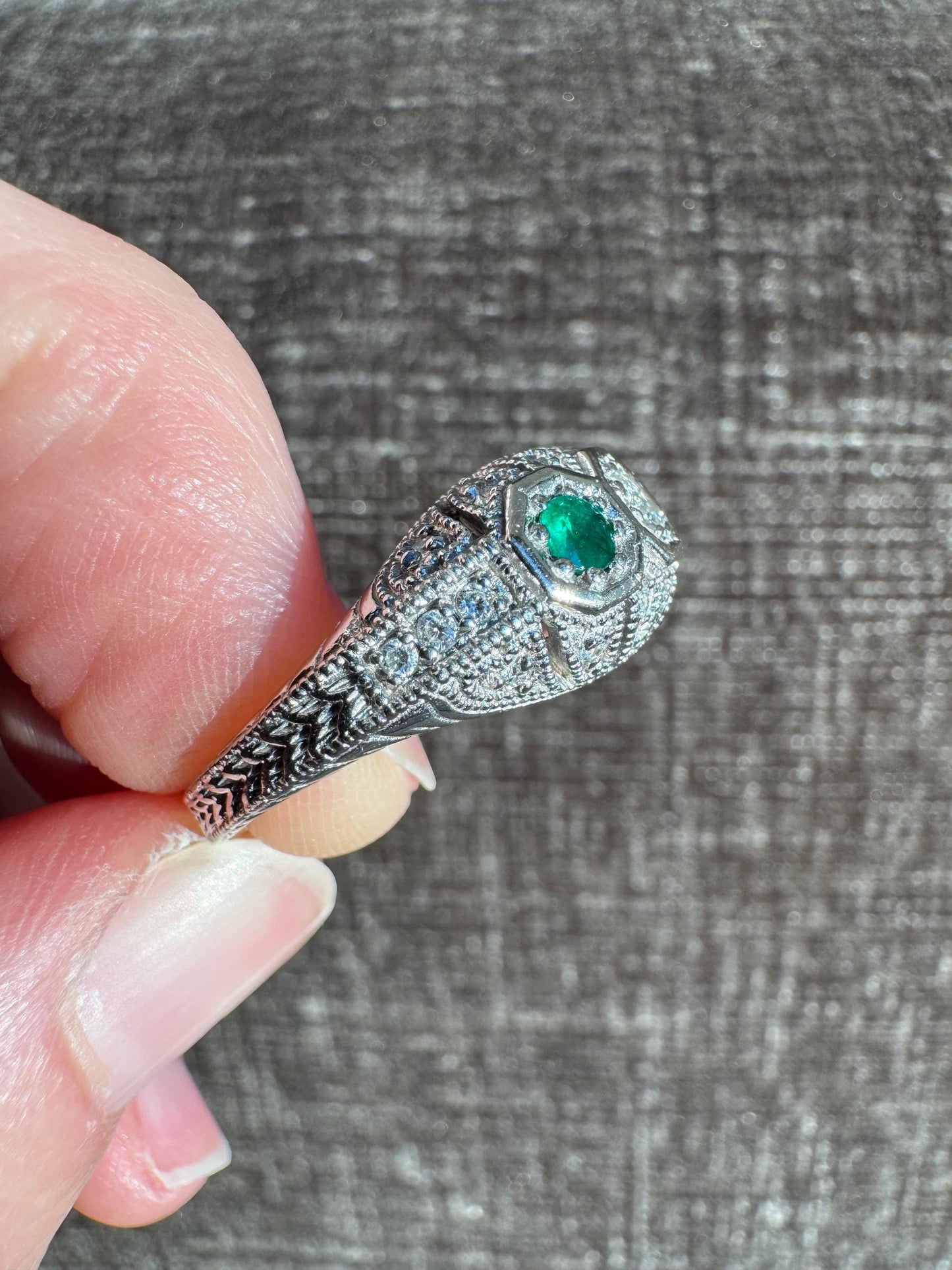 Art Deco Inspired Emerald & Diamond Ring in 14k White Gold – Size 7.5