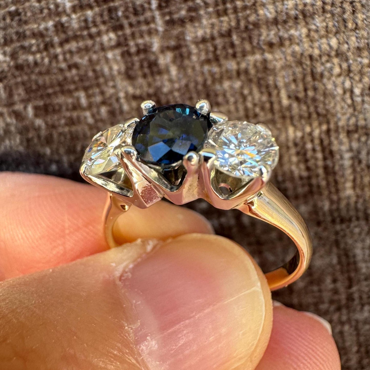 Vintage 14k Two Tone Gold Sapphire and Diamond Three Stone Ring