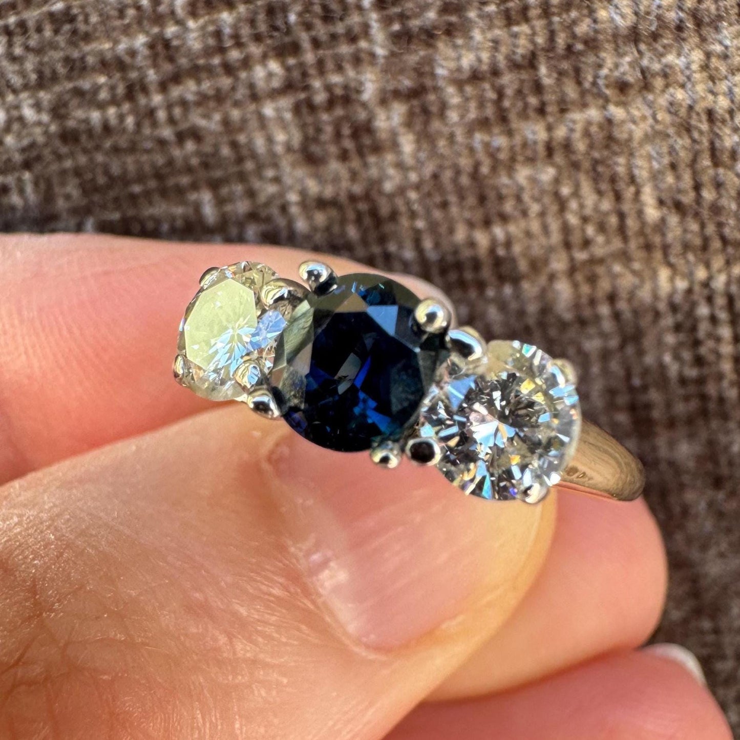 Vintage 14k Two Tone Gold Sapphire and Diamond Three Stone Ring