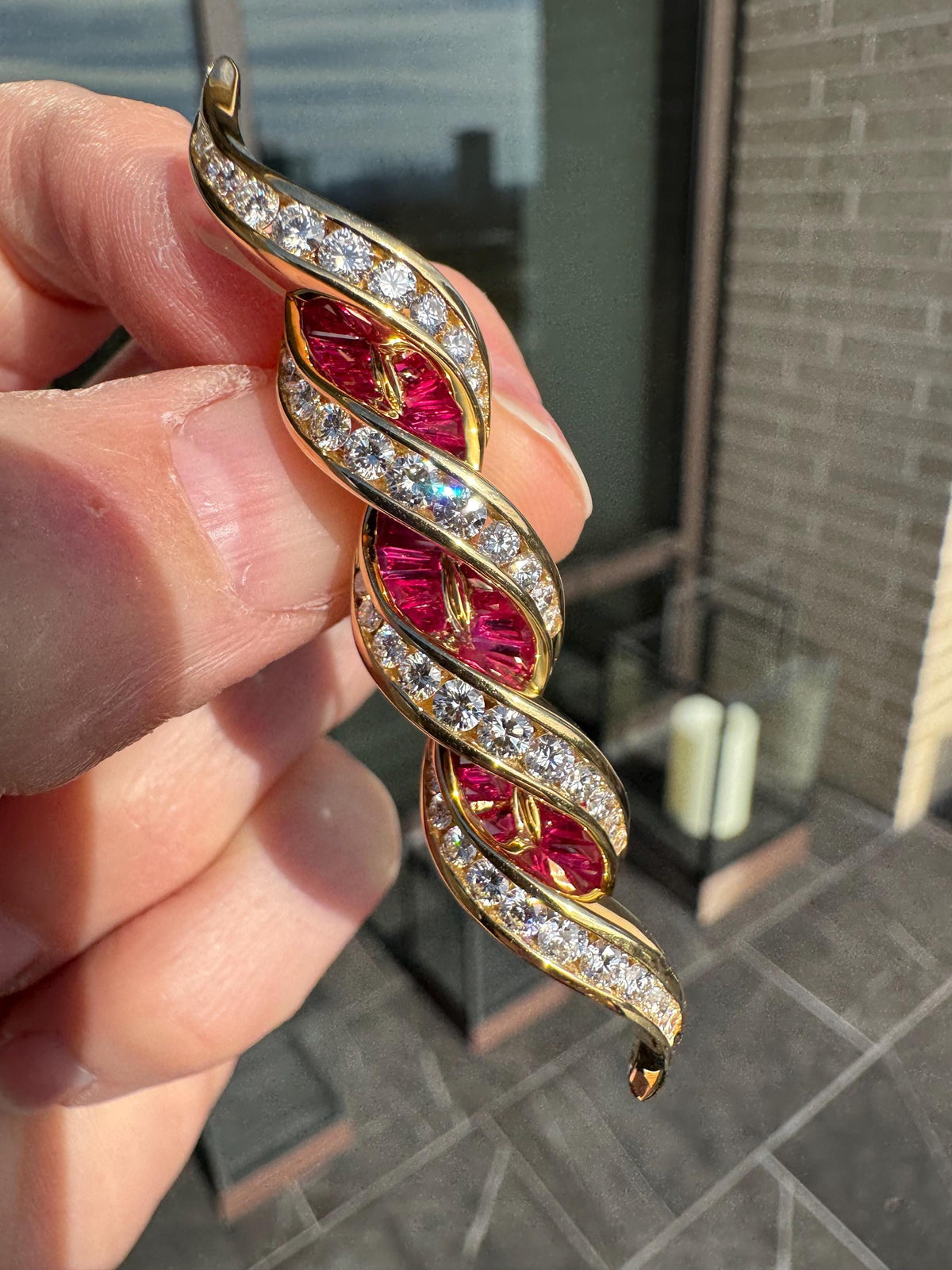 Charles Krypell 18K Solid Yellow Gold & Natural Ruby and Diamond Brooch