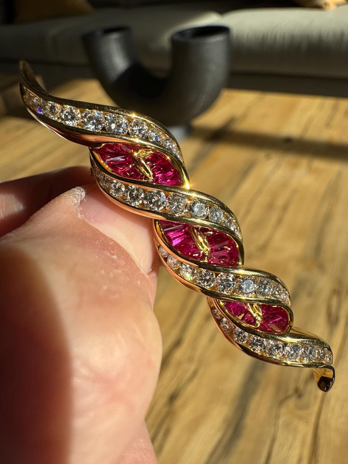 Charles Krypell 18K Solid Yellow Gold & Natural Ruby and Diamond Brooch