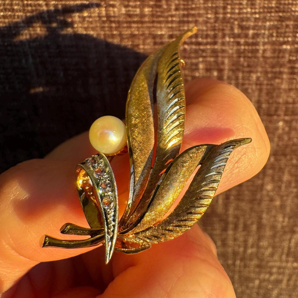 18k Estate Brooch with Pearl & Diamonds