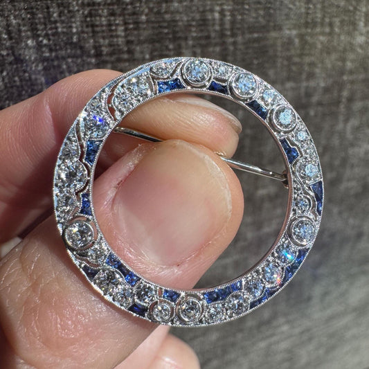 Art Deco Diamond and Sapphire Circle Brooch in 14k White Gold – 1920s Estate Jewelry