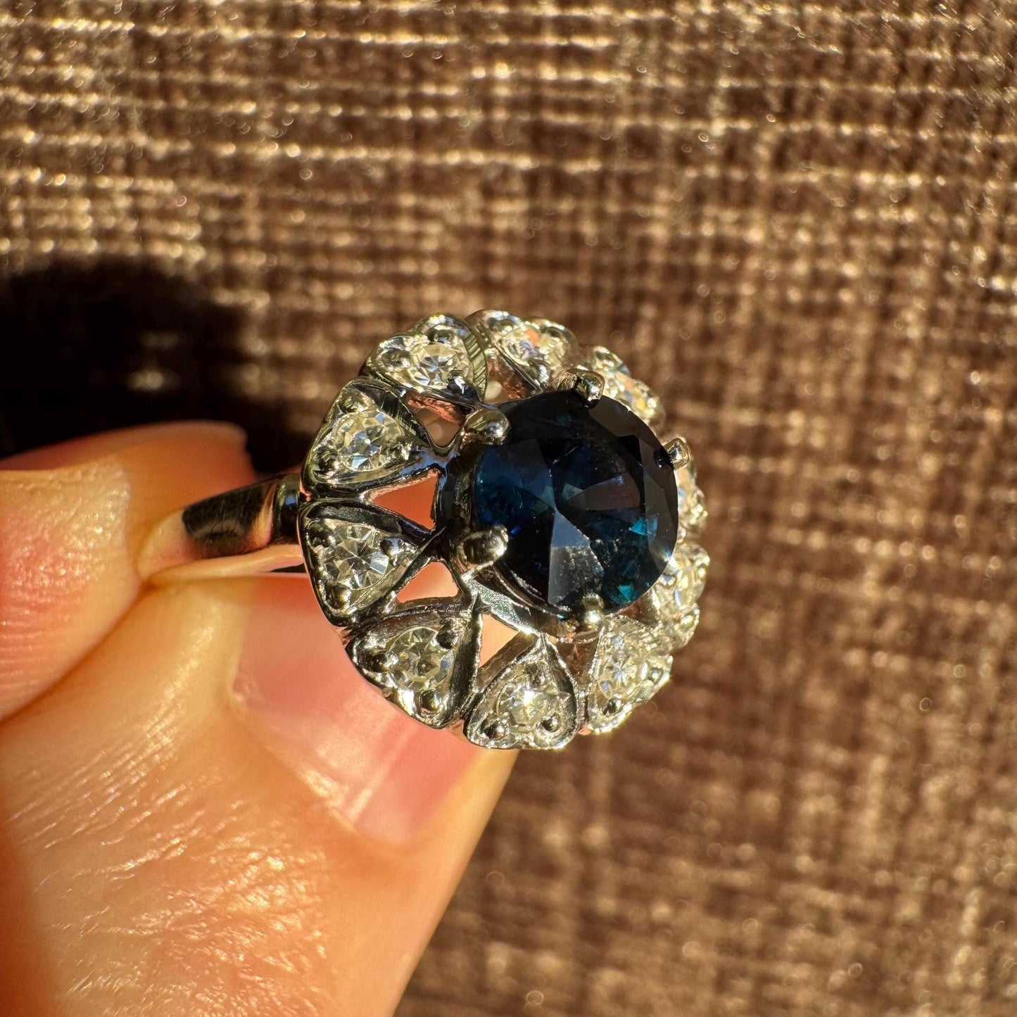 Vintage Blue Sapphire & Diamond Cluster Ring
