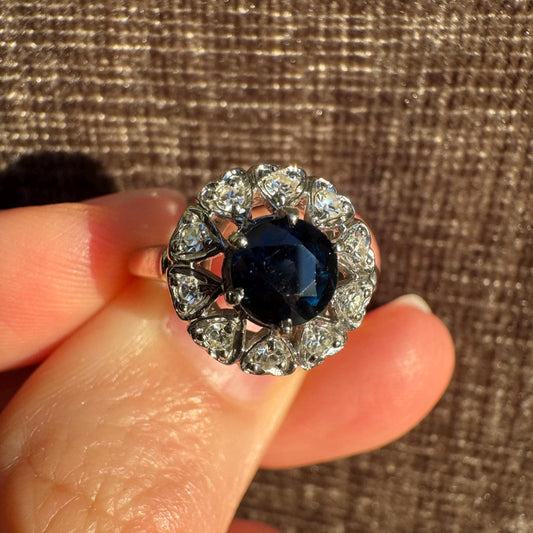 Vintage Blue Sapphire & Diamond Cluster Ring