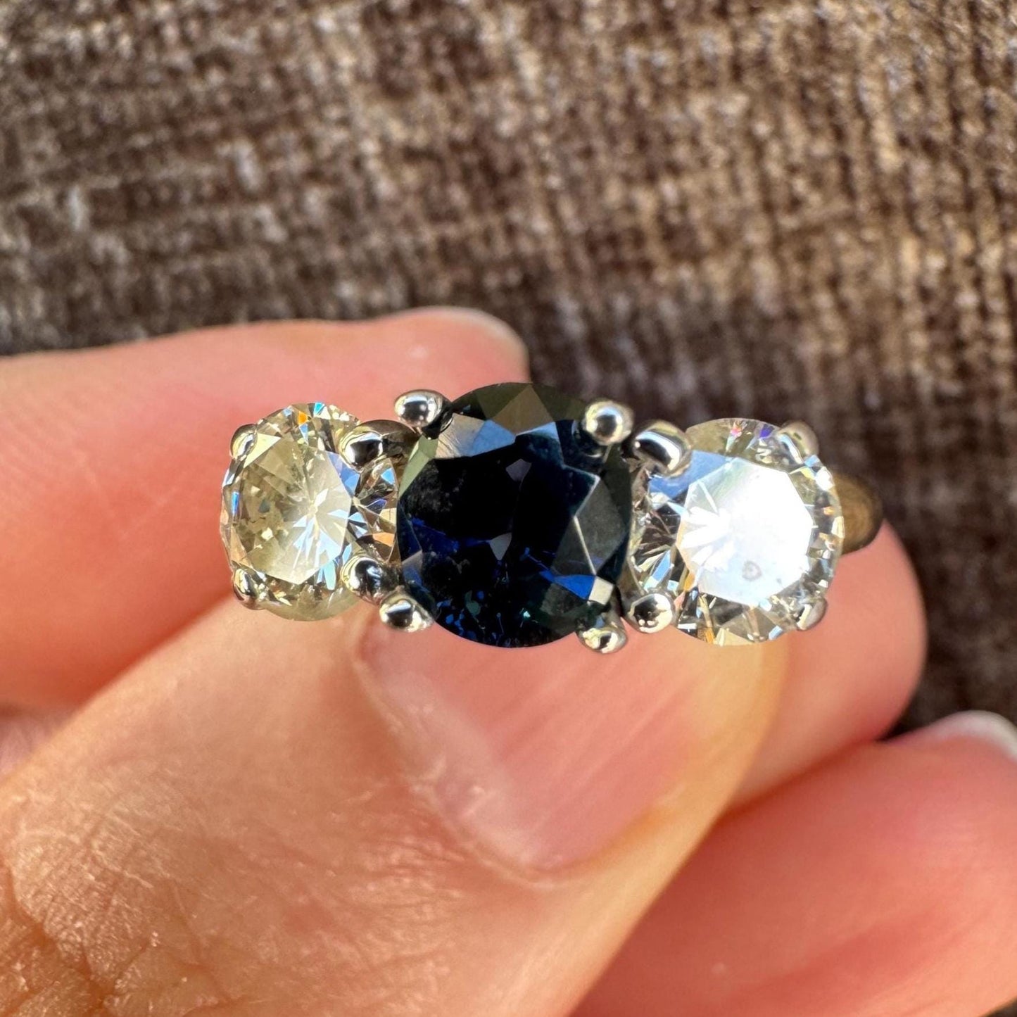 Vintage 14k Two Tone Gold Sapphire and Diamond Three Stone Ring