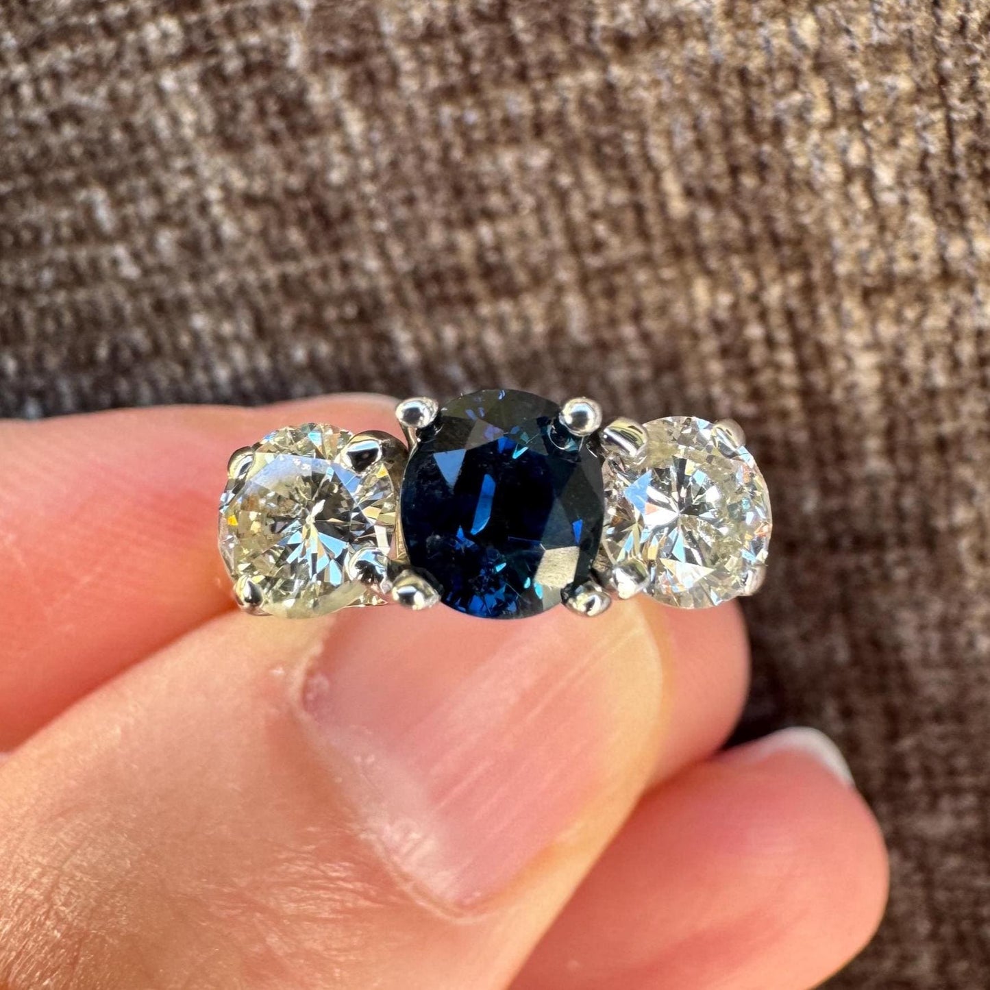 Vintage 14k Two Tone Gold Sapphire and Diamond Three Stone Ring