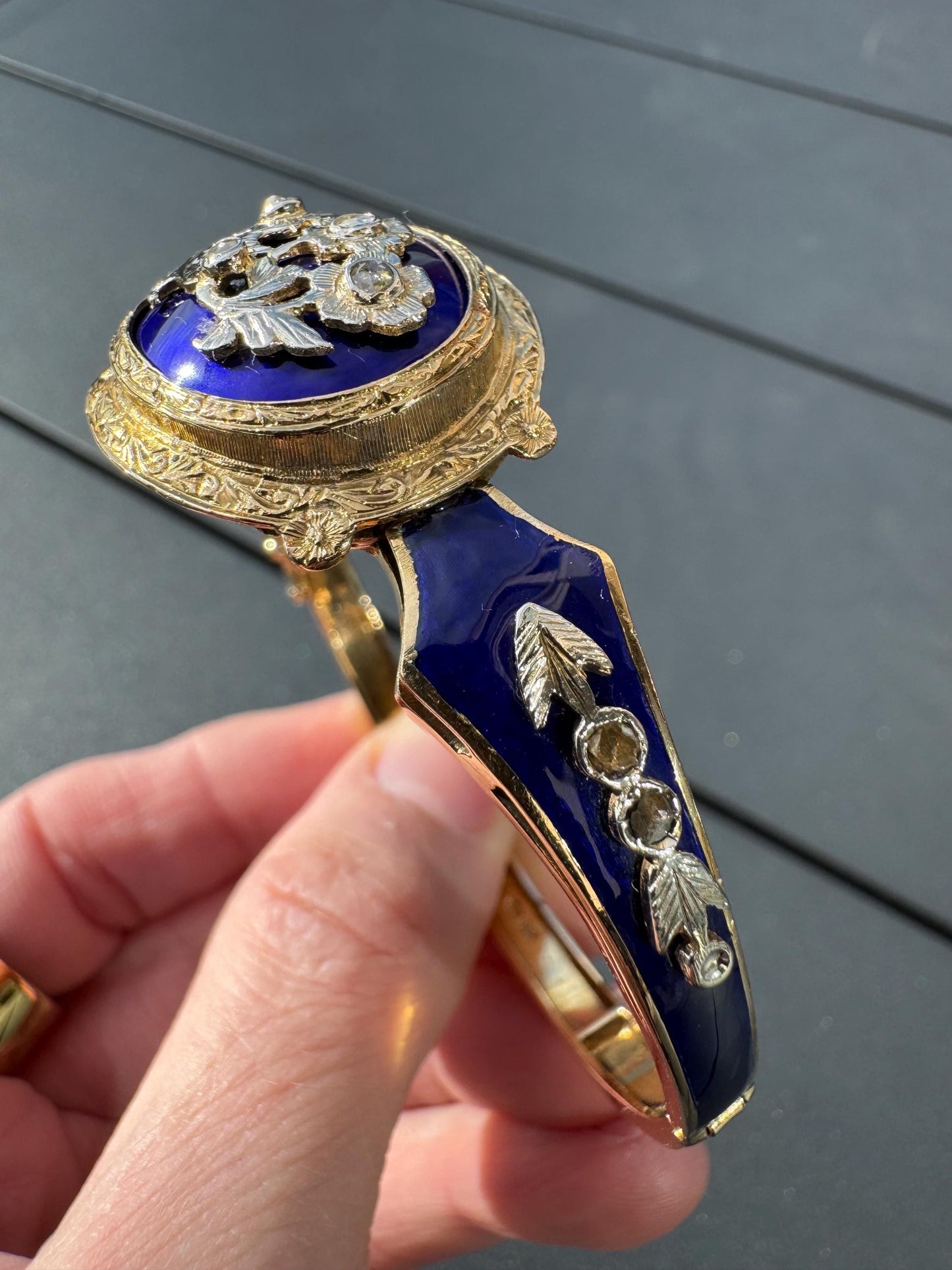 Victorian 18k Gold Enamel Bangle | Antique Rose Cut Diamond Bracelet