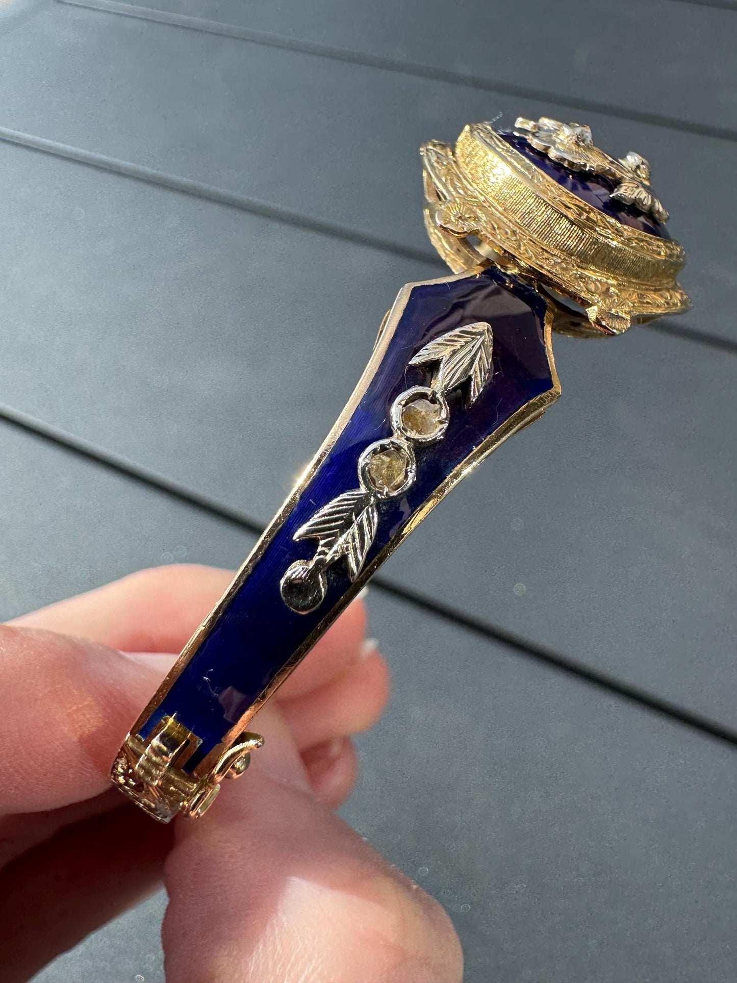 Victorian 18k Gold Enamel Bangle | Antique Rose Cut Diamond Bracelet