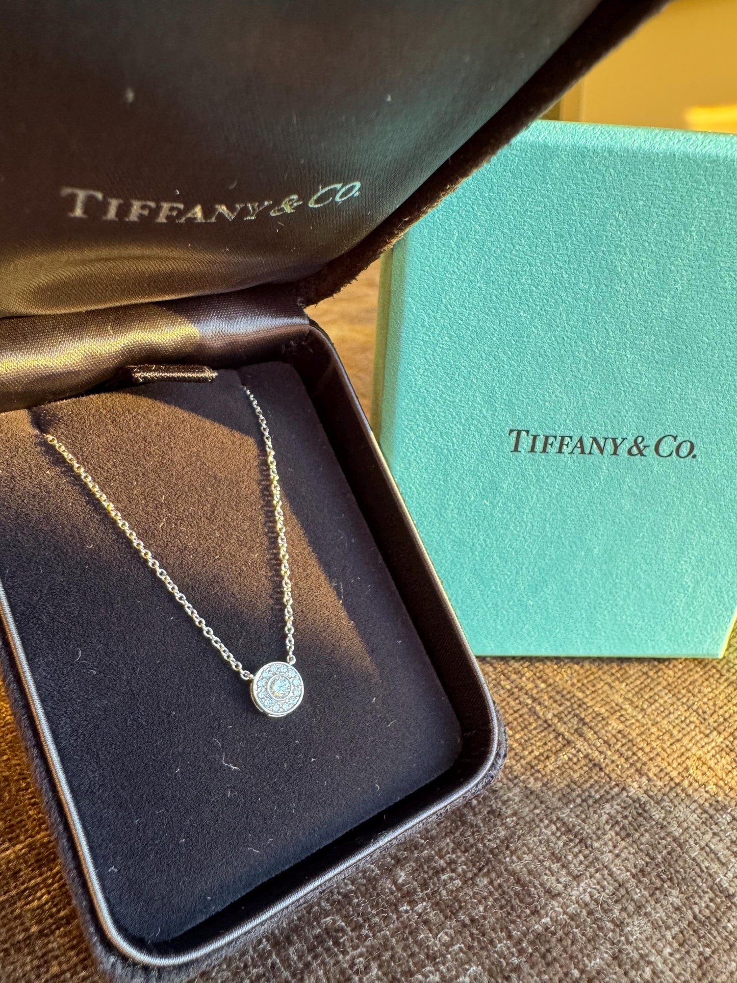 Brand New Tiffany & Co. Diamond Halo Pendant in Platinum