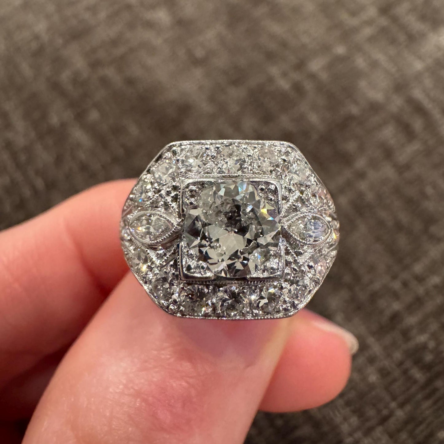 Art Deco Platinum Old Mine Cut Diamond Ring | 1.15ct Center + 1.65ct Accents | Vintage Estate Ring