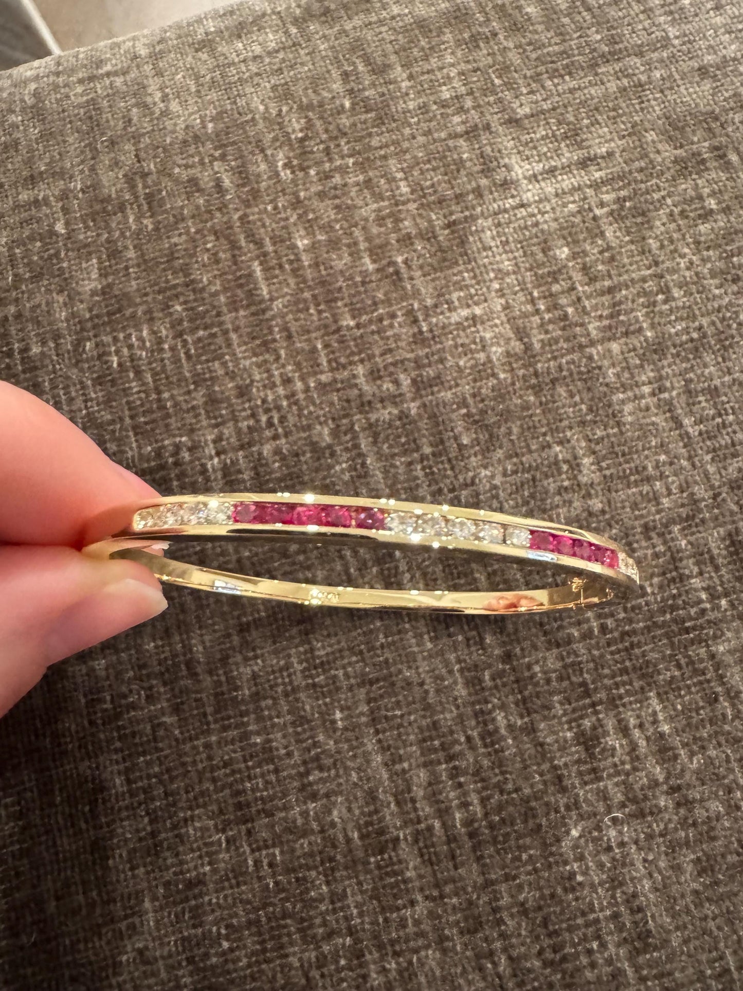 14K Yellow Gold Natural Ruby and Diamond Channel Bangle Bracelet | Estate Fine Jewelry