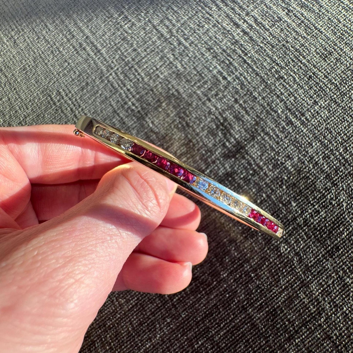 14K Yellow Gold Natural Ruby and Diamond Channel Bangle Bracelet | Estate Fine Jewelry