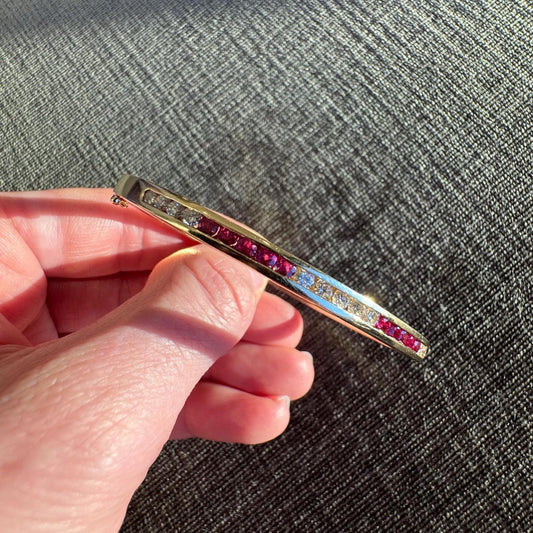 14K Yellow Gold Natural Ruby and Diamond Channel Bangle Bracelet | Estate Fine Jewelry