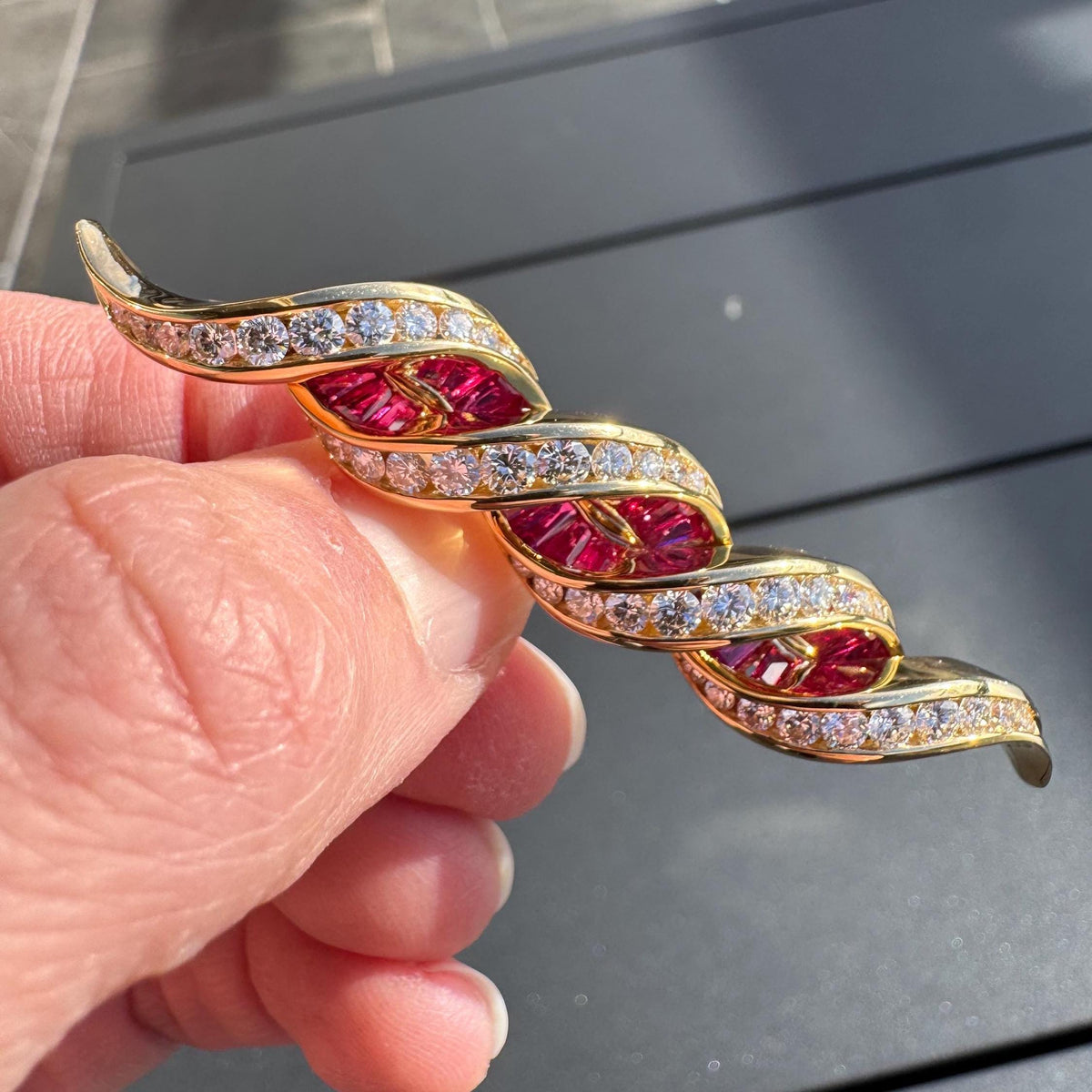 Charles Krypell 18K Solid Yellow Gold & Natural Ruby and Diamond Brooch