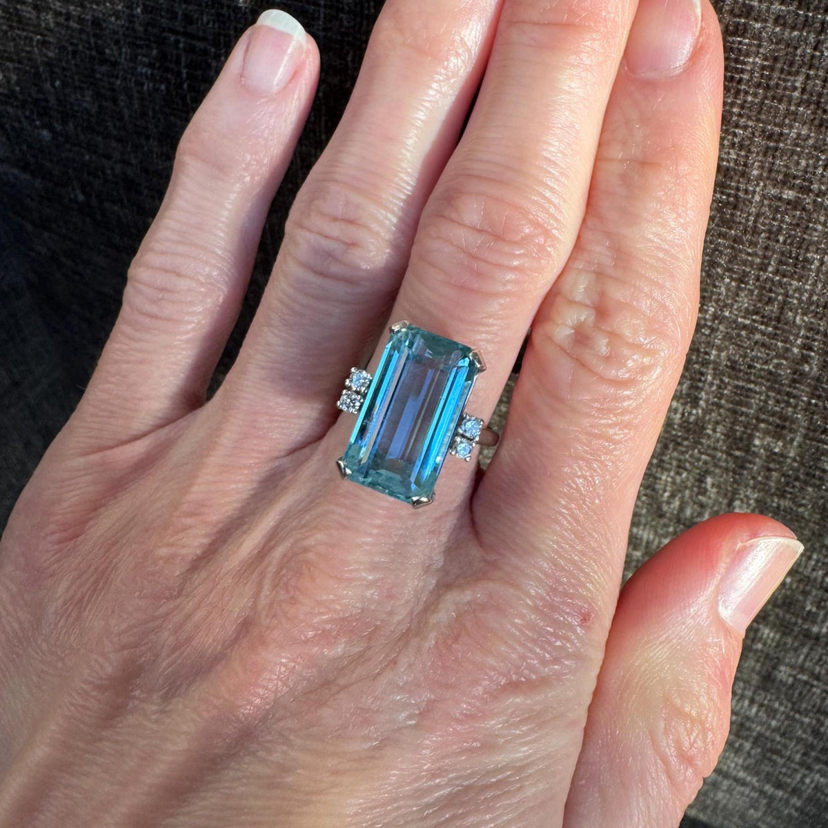 Vintage Emerald Cut Natural Aquamarine & Solid 14k White Gold Diamond Ring