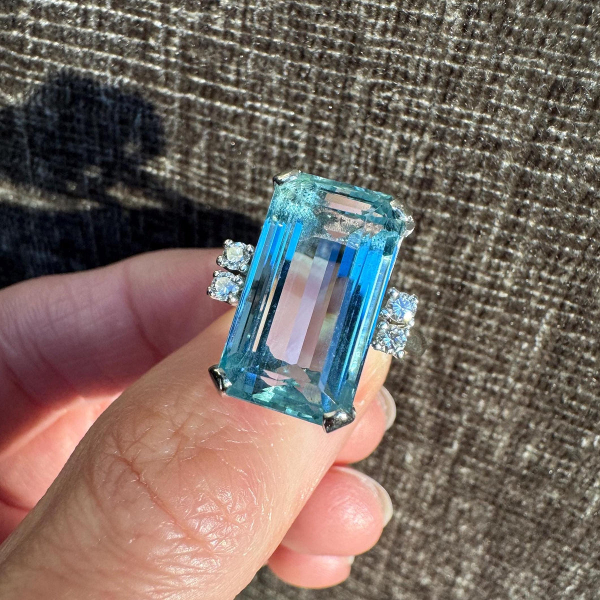Vintage Emerald Cut Natural Aquamarine & Solid 14k White Gold Diamond Ring