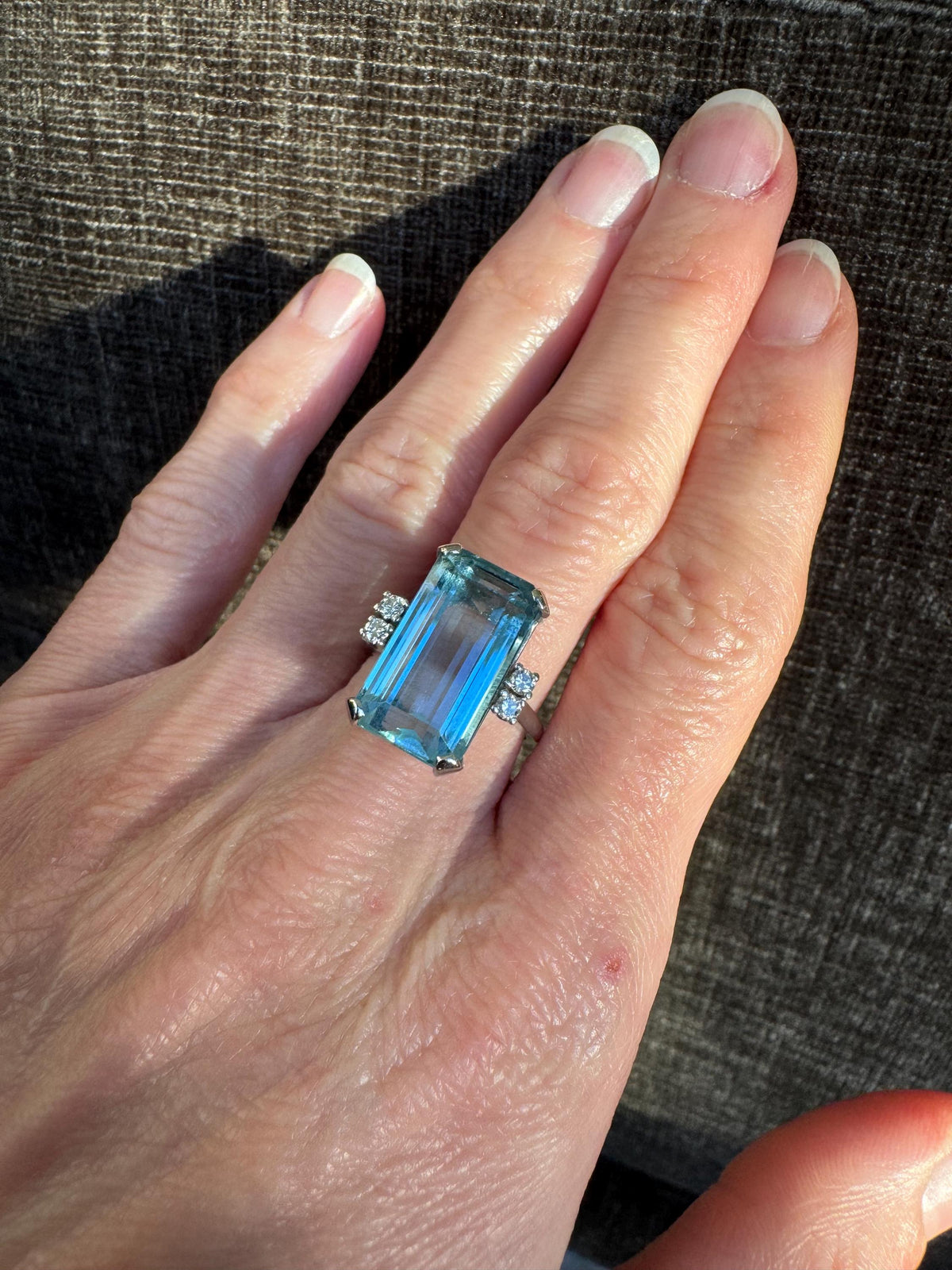 Vintage Emerald Cut Natural Aquamarine & Solid 14k White Gold Diamond Ring