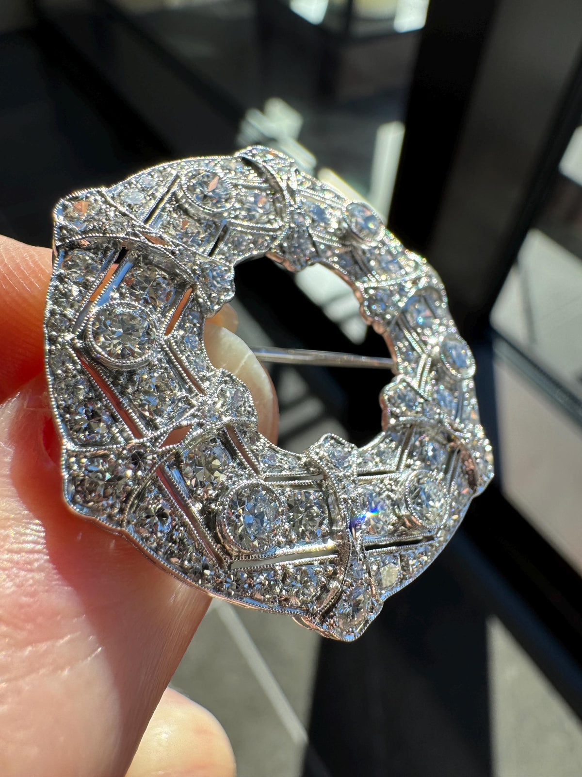 Art Deco Solid Platinum & Natural Diamond Open Brooch (1920's)