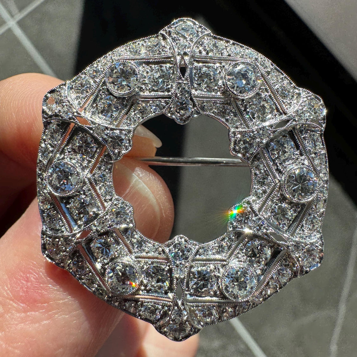 Art Deco Solid Platinum & Natural Diamond Open Brooch (1920's)