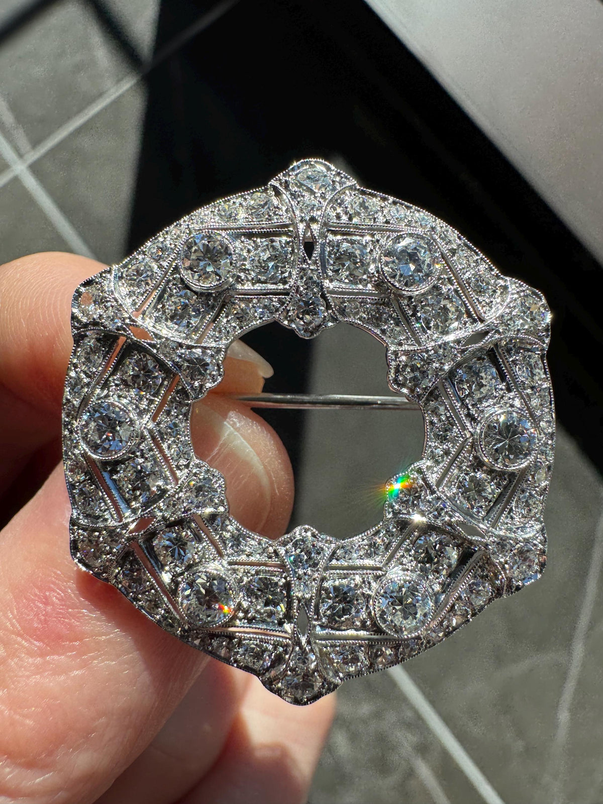Art Deco Solid Platinum & Natural Diamond Open Brooch (1920's)