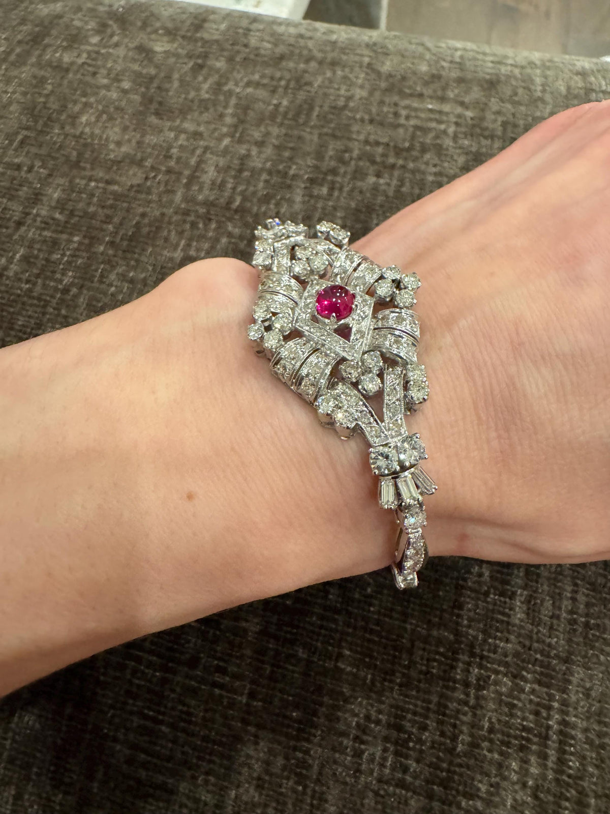 1935 Art Deco Solid Platinum Natural Diamond Bracelet with Ruby Cabochon