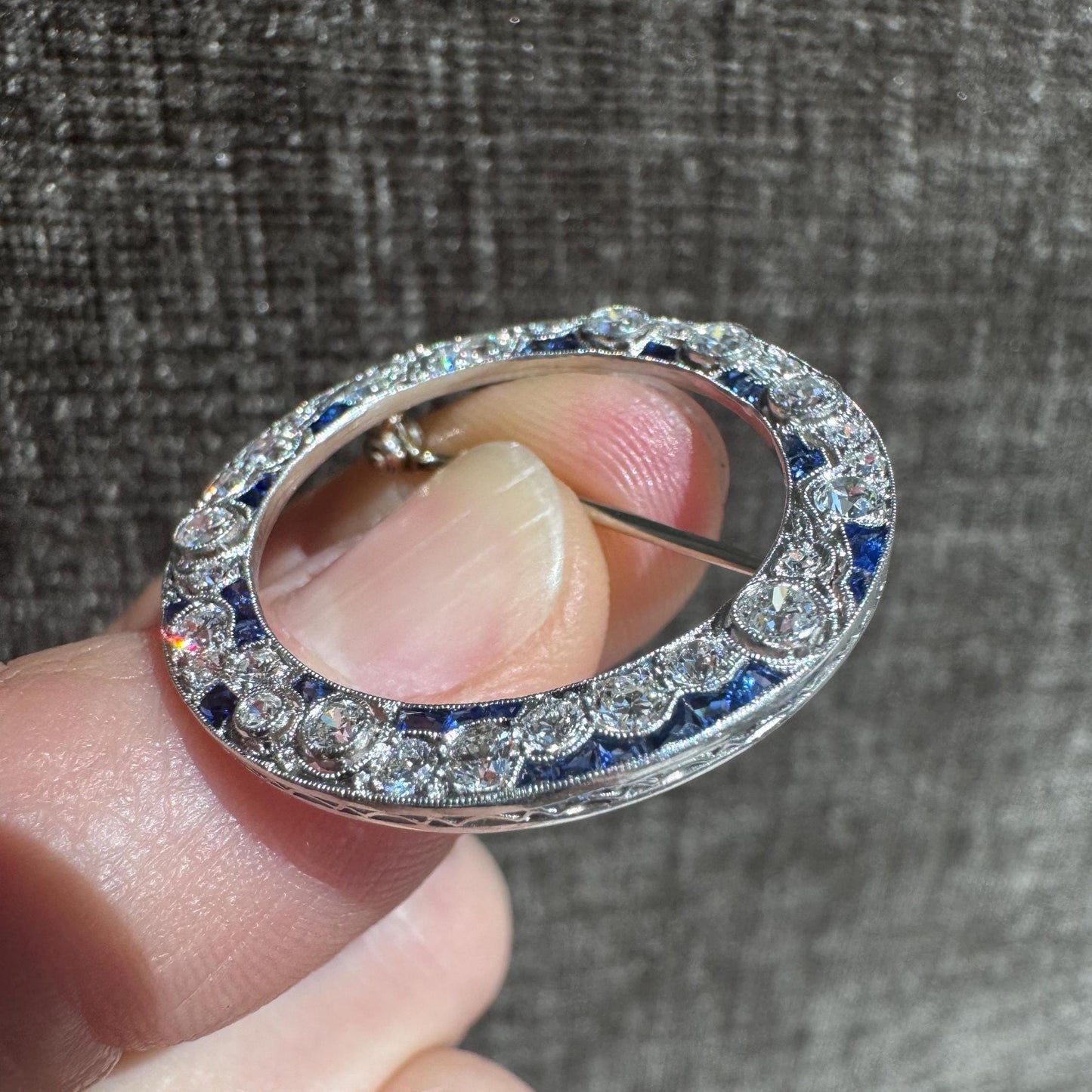 Art Deco Diamond and Sapphire Circle Brooch in 14k White Gold – 1920s Estate Jewelry