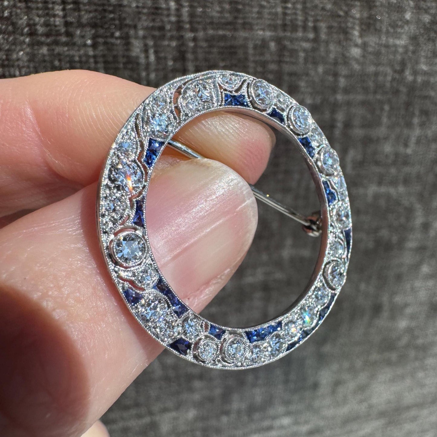 Art Deco Diamond and Sapphire Circle Brooch in 14k White Gold – 1920s Estate Jewelry